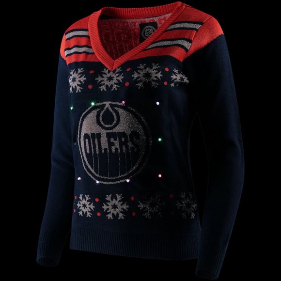 NHL Women's Edmonton Oilers Blue Light Up V-Neck Sweater sz M Medium NIP - Picture 1 of 3